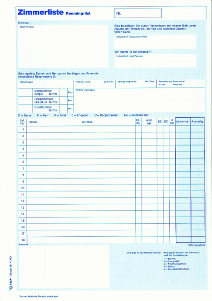 Zimmerliste, Block a 50 Blatt *A*