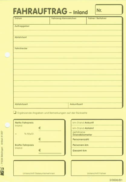 Fahrauftrag Inland, Block mit 50 Blatt