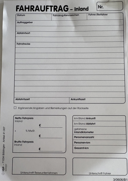 Fahrauftrag Inland, Block mit 50 Blatt