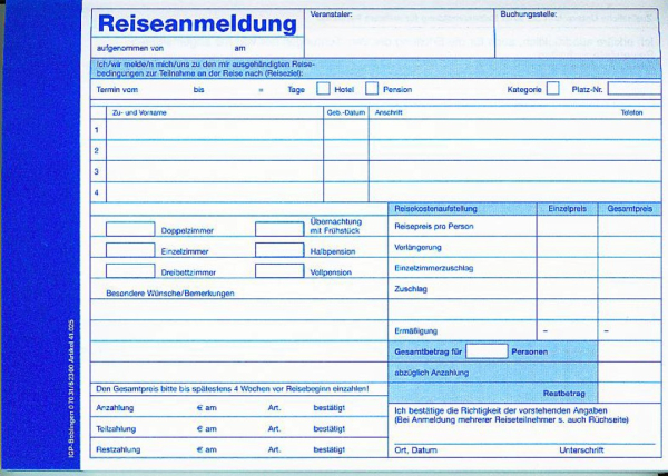 Reiseanmeldung, Block a 100 Blatt