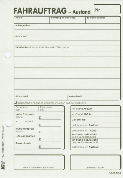 Fahrauftrag Ausland, Block mit 50 Blatt