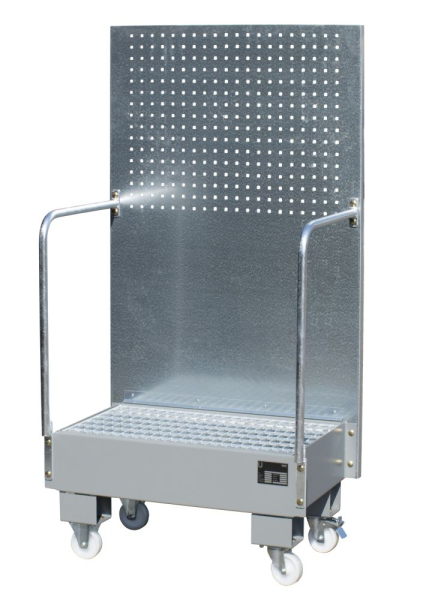 Auffangwanne, fahrbar mit Lochplattenwand