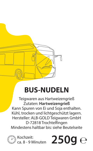 Busnudeln, 250 gr. mit Firmenetikett